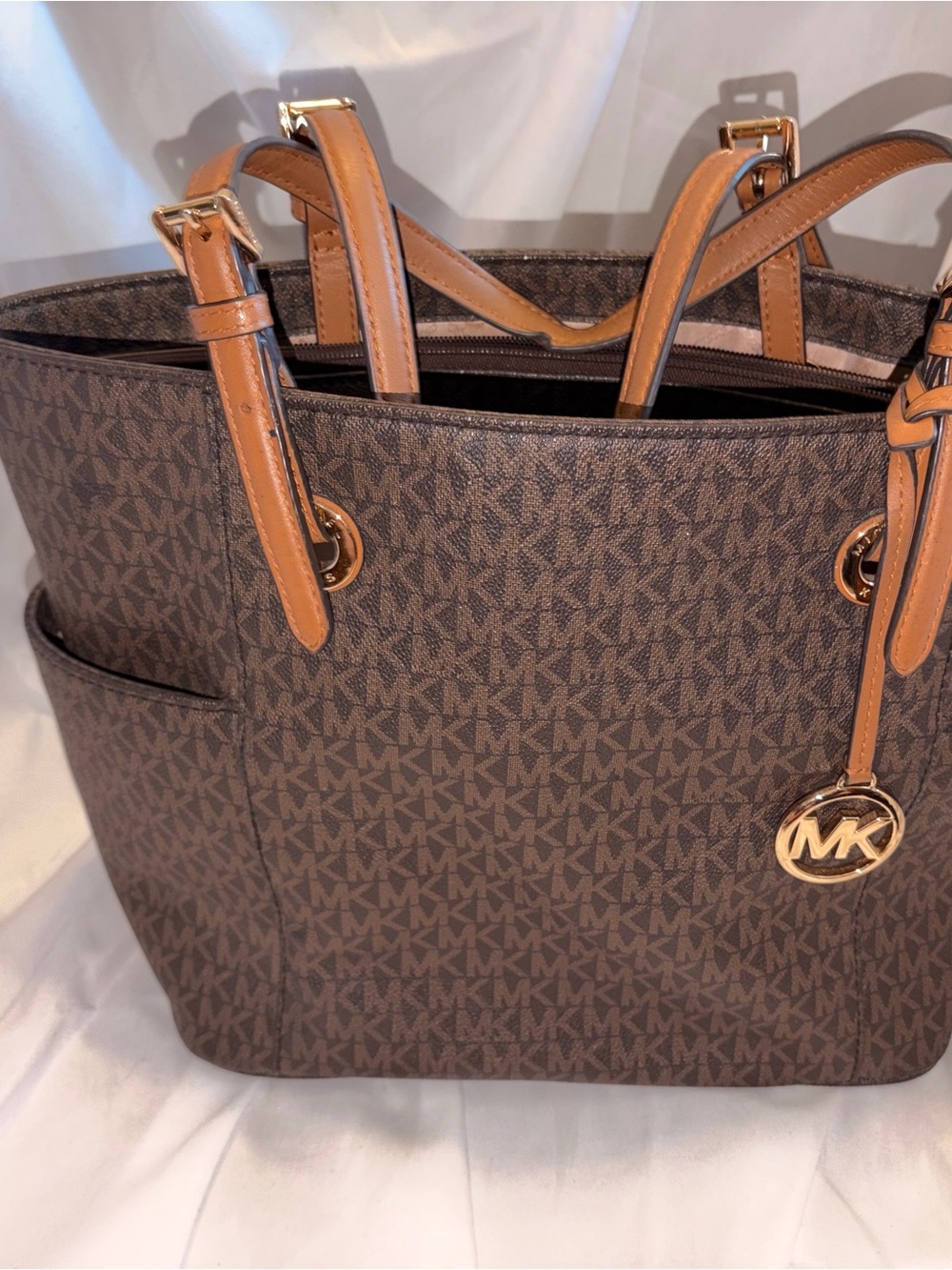 Michael Kors Brown Monogram Tote with Tan Leather Trim
